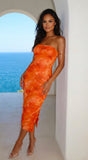 Pyralia Floral Ruched Tube Midi Dress Orange