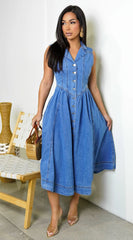 Hope Sleeveless Denim Midi Dress Blue