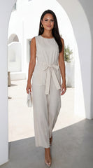 Zaylina Linen Waist Tie Jumpsuit Natural Beige