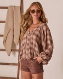 Pecan Bliss Plaid Lace Up Peasant Top