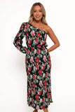Pontee One Shoulder Pleated Midi Dress Black Rose Print