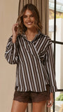 Valia Asymmetrical Button Up Shirt Brown Blue Stripe