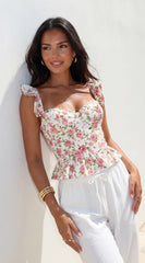 Zala Floral Corset Ruffle Top Cream