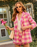 Light Check Plaid Frayed Trim Blazer