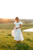 Annette Puff Sleeve Shirred Midi Dress White