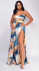 Stacci Beige Blue Multi Marble Double Slit Maxi Dress