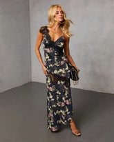 Rominah Printed Asymmetric Lace Trim Maxi Dress