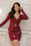 Suzzie Textured Knit Skirt Cardi Set Oxblood