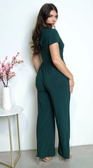 Ruba Cowl Tunic Neck Short Sleeve Wide Leg Jumpsuit Green