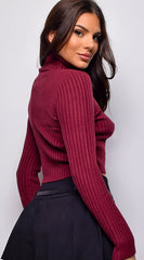 Astraia Basic Turtle Neck Crop Ribbed Sweater Top Burgundy