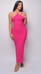 Athenia Fuchsia Pink Crochet Knit Midi Dress