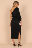 Pontee One Shoulder Pleated Midi Dress Black