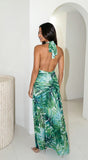 Capri Halter Tropical Print Maxi Dress Aqua Green