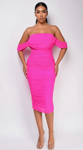 Kat Mesh Off Shoulder Dress Fuchsia Pink