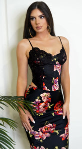 Freya Black Red Rose Floral Print Lace Satin Set