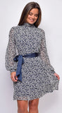 Sensation White Navy Floral Mock Neck Waist Tie Mini Dress