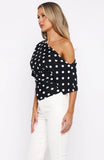 Marrakech Moments Cinched Waist Top Black White Polka Dot