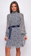 Sensation White Navy Floral Mock Neck Waist Tie Mini Dress