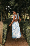 Lucah Frill Shoulder Maxi Dress Blue White Floral