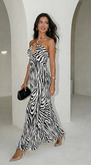Noemiya Zebra Pleated Halter Maxi Dress White
