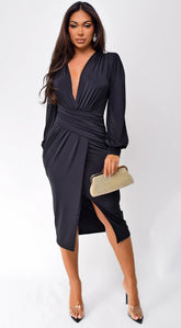 Natasa Long Sleeve Wrap Midi Dress Black