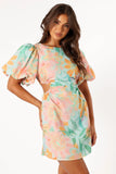Natalie Puff Sleeve Mini Dress Coral Print