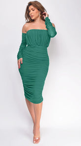 Annora Mesh Long Sleeve Ruched Midi Dress Green