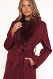 Nina Fur Collar Tie Waist Coat Burgundy