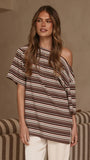 Pia One Shoulder Oversize Tee Choc Blue Stripe
