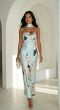 Elysira Reverse Halter Floral Satin Maxi Dress Mint Blue