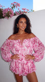 Romanella Peony Floral Off Shoulder Mini Dress Pink