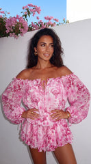 Romanella Peony Floral Off Shoulder Mini Dress Pink