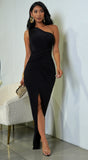 Geneva One Shoulder Wrap Maxi Dress Black