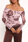 Navida Off Shoulder Mesh Top Pink Brown Floral