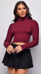 Astraia Basic Turtle Neck Crop Ribbed Sweater Top Burgundy