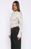 Another Time Cinched Waist Long Sleeve Top Light Grey Marle