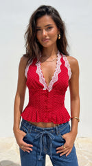 Valette Polka Dot Lace Halter Top Red