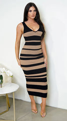 Kim Brown Striped V Neck Midi Dress Brown Black