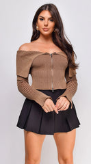 Moxie Off Shoulder Zip Up Sweater Top Brown