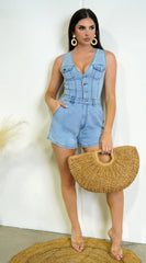 Inaya Denim Button Down Romper Blue