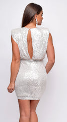 Stare Silver Nude Sequin V Neck Shoulder Pad Mini Dress