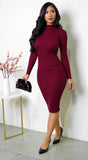 Cielo Mock Neck Long Sleeve Ribbed Mid Dress Burgundy
