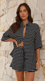 Lacole Button Up Shirt and Shorts Set Black White Stripe