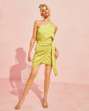 Mabel Satin One Shoulder Front Tie Mini Dress