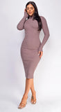 Cielo Mock Neck Long Sleeve Ribbed Mid Dress Mocha