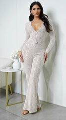 Elektra V Neck Pearl Sequin Jumpsuit Cream