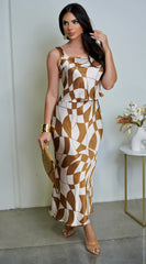Addison Geo Print Satin Skirt Set Brown