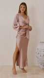 Ivy Long Sleeve Tie Front Maxi Dress Dusty Pink