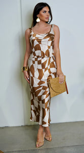 Addison Geo Print Satin Skirt Set Brown