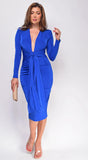 Alicyn Royal Blue Waist Tie Long Sleeve Midi Dress